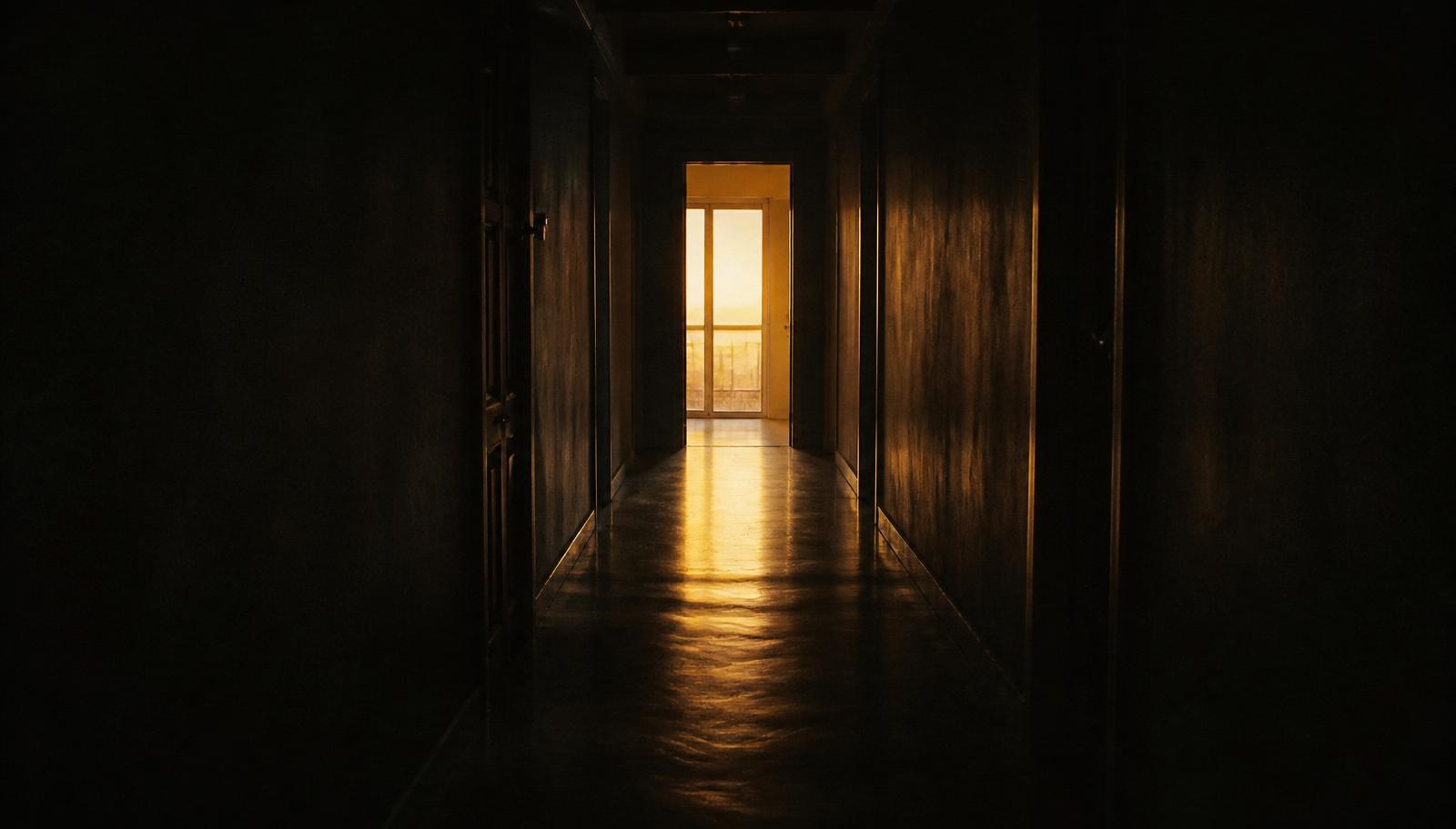 A dark hallway opening onto warm golden light