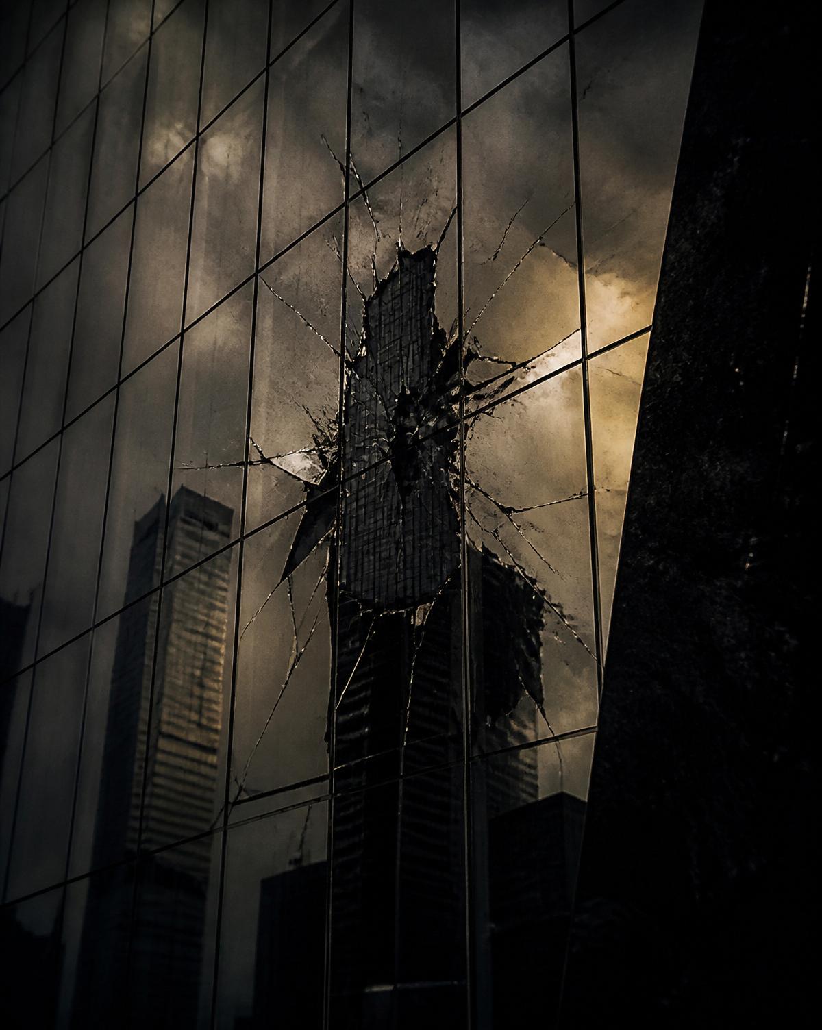 A shattered pane of glass on a mirrored skyscraper facade